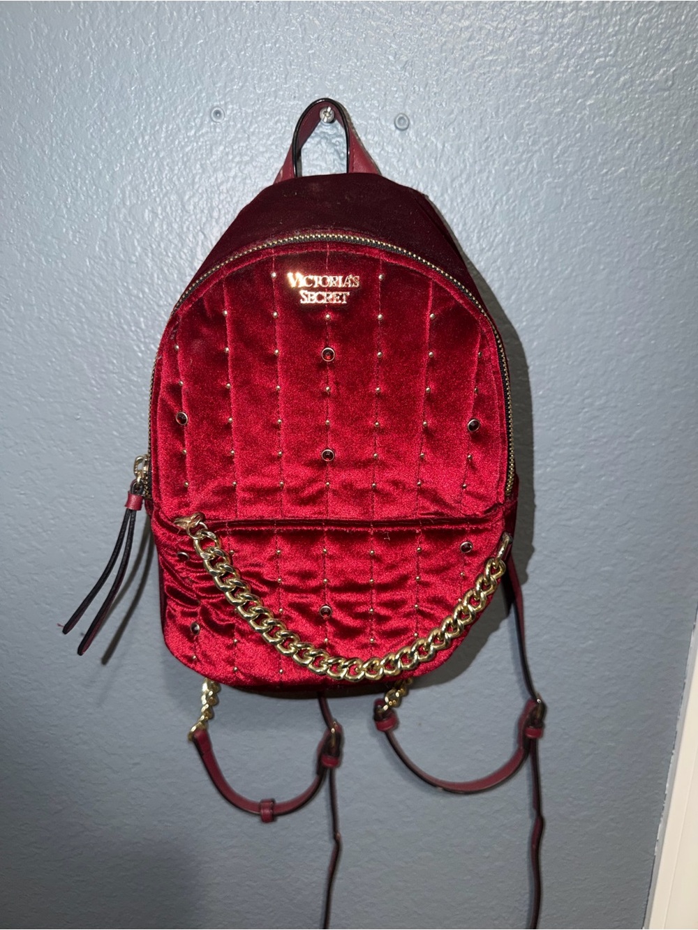 Victoria's Secret Burgundy Velvet Mini Backpack with Gold Chain - Picture 1 of 3